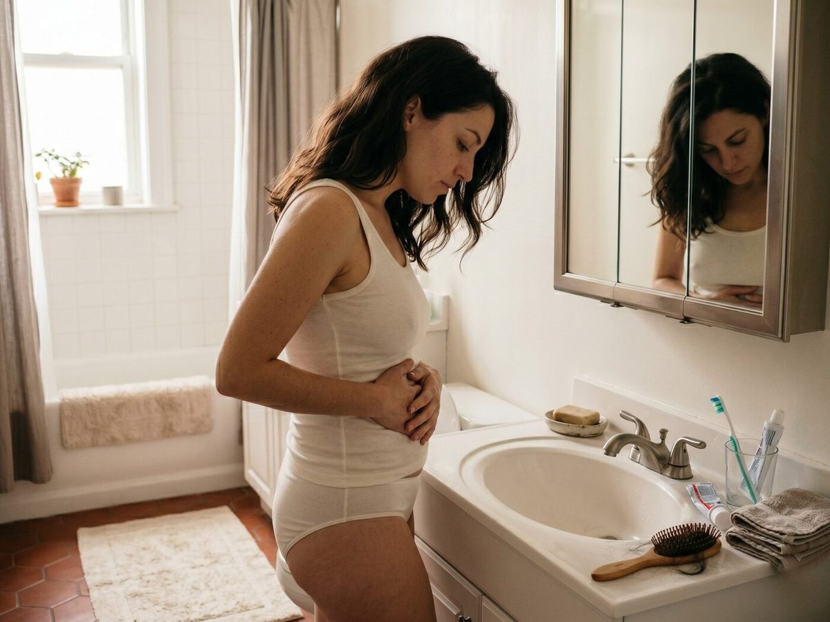 A woman standing in front of a bathroom mirror in the early morning, looking down at her own stomach rather than at her reflection — the daily moment of body avoidance that defines chronic bloating