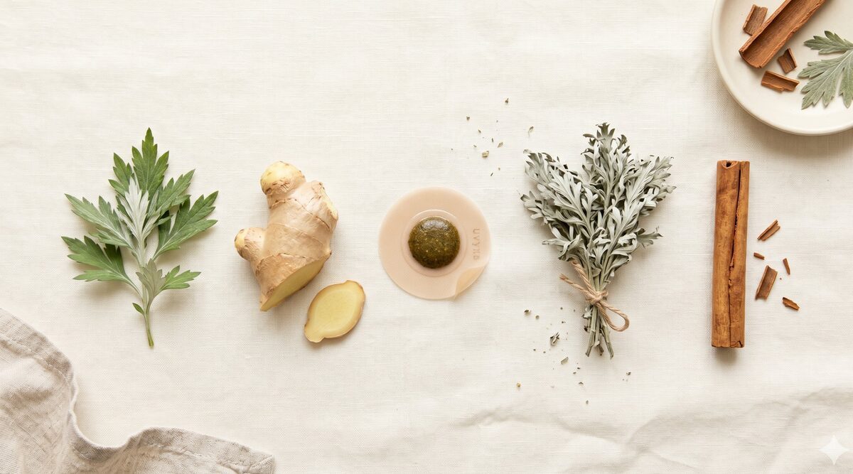 The four traditional Japanese herbal ingredients — mugwort, ginger root, wormwood, and cinnamon bark — laid out around a single Uvyna herbal patch