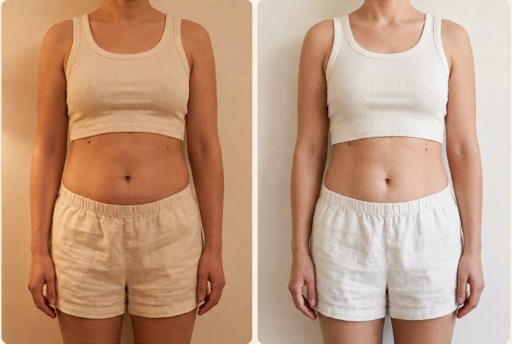Lauren's stomach in week 1 versus week 3 of using the Uvyna herbal balance patch