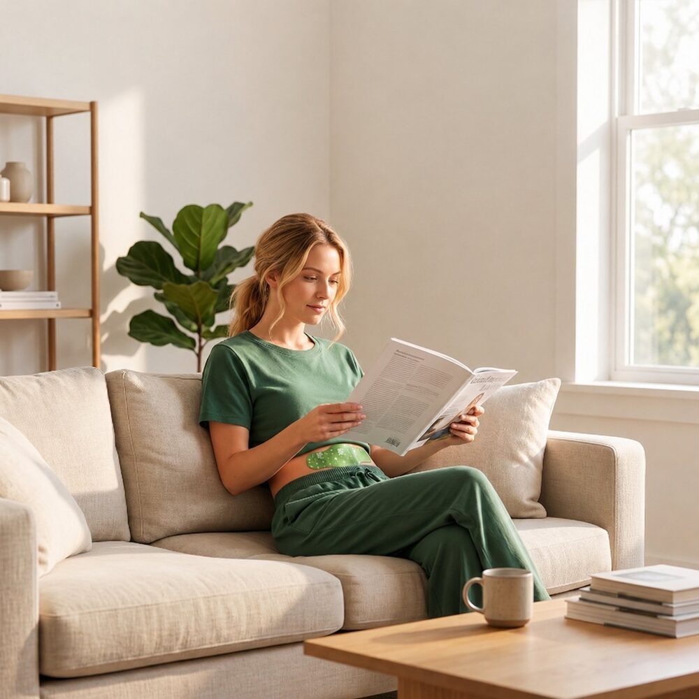 A woman relaxing on a couch with the herbal balance patch visible on her abdomen, reading a magazine in soft morning light