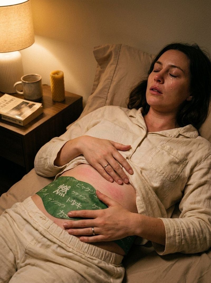 A woman in cream linen pajamas lying in bed under warm bedside lamp light, a single tear on her cheek, her hands resting gently over the green Uvyna herbal patch on her lower abdomen — the moment she realized the patch was actually working